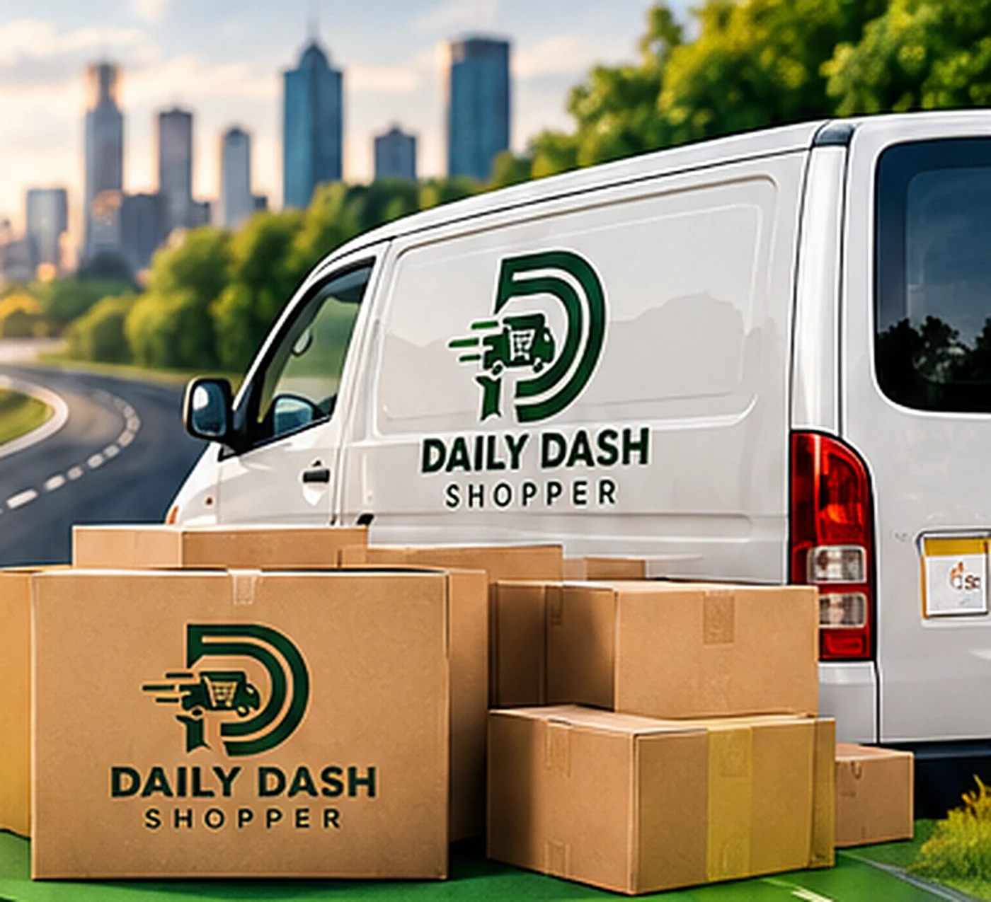 A white Daily Dash Shopper delivery van with branded boxes stacked beside it